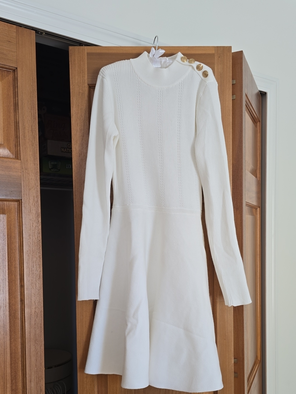 BCX Cream Long Sleeve Knit A-Line Dress with Gold Buttons